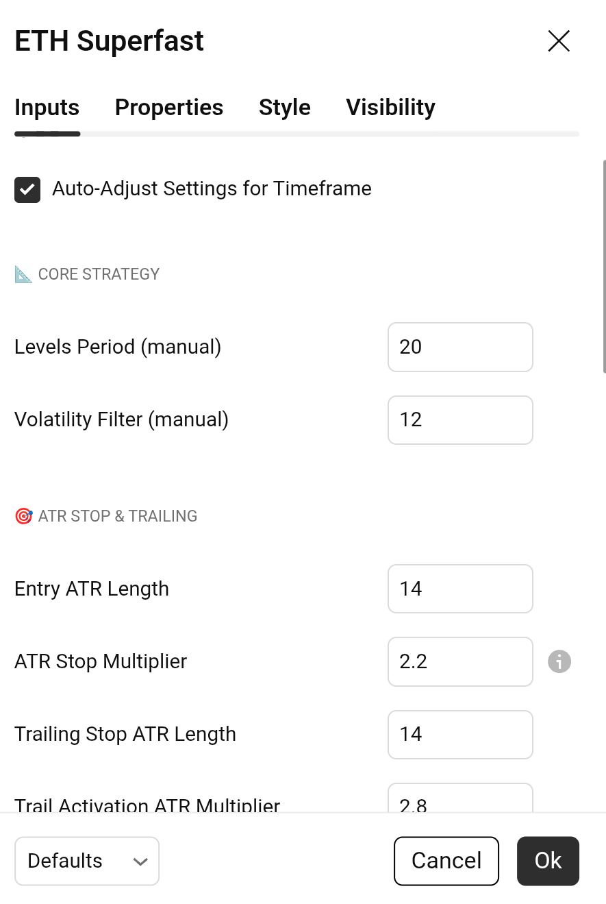 EtherFlux TradingView indicator settings panel showing core strategy and ATR stop inputs